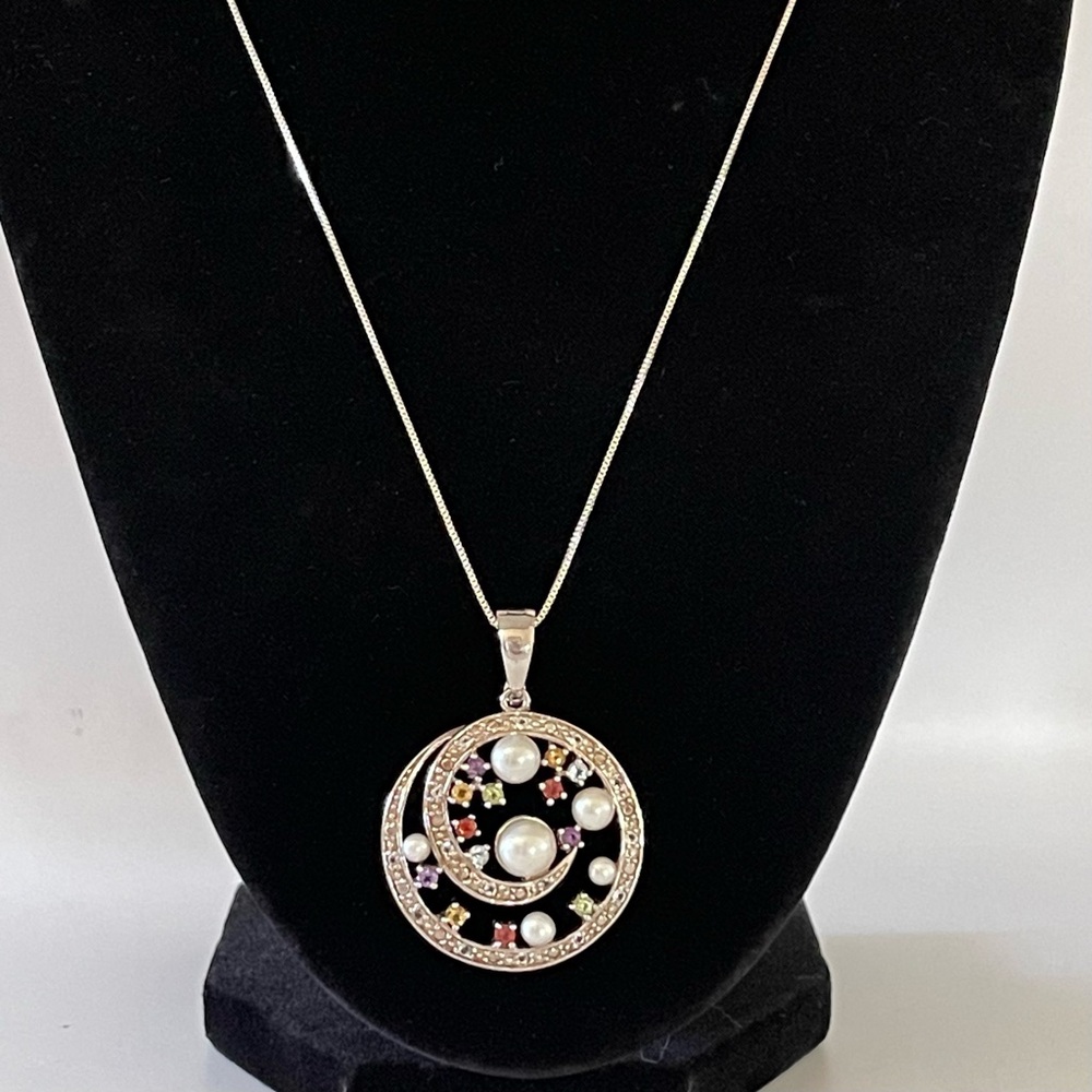 925 Sterling Silver 3-7MM Cultured Pearl w/1.0CTW Multi Gem Pendant w/ 18" Chain